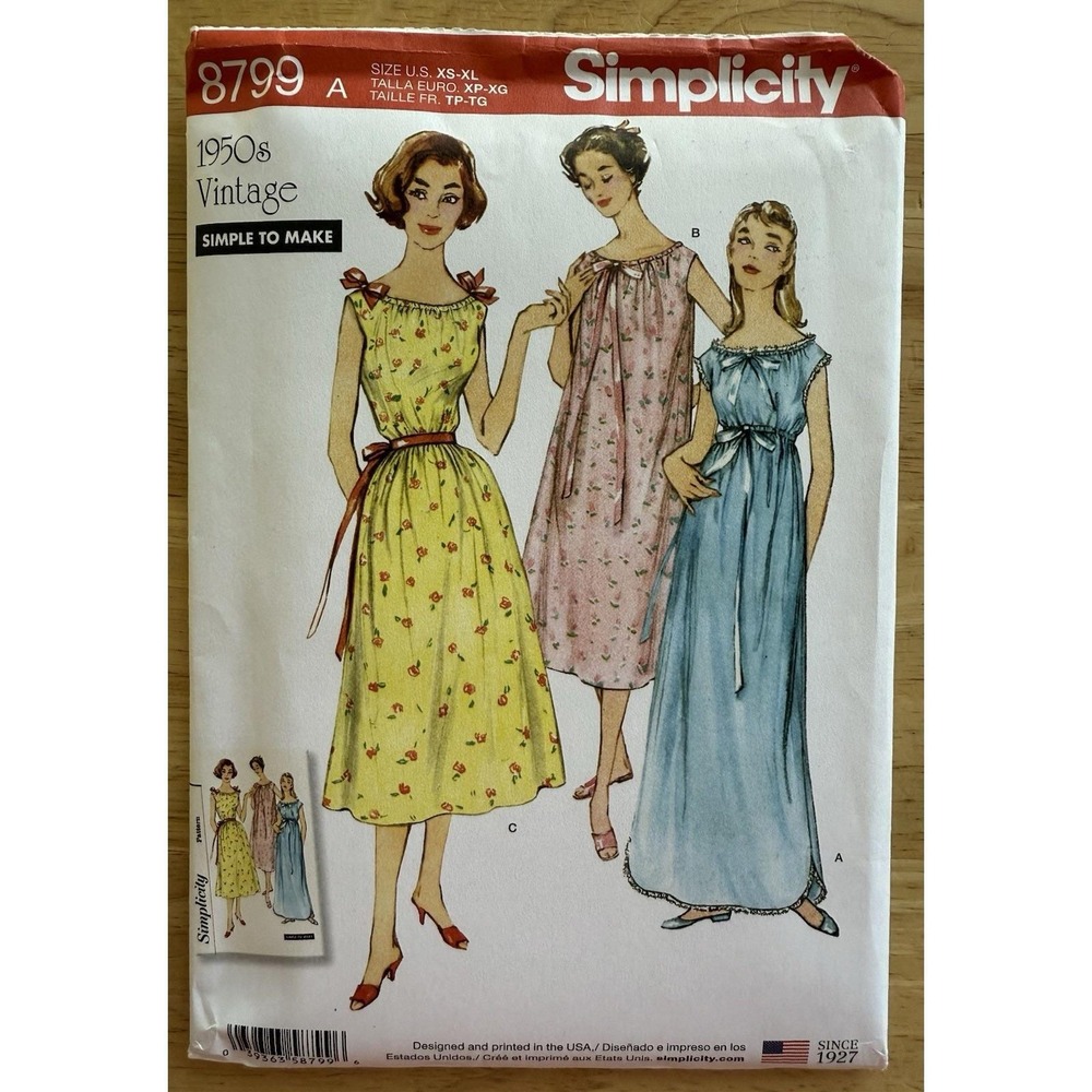 Simplicity VTG 50's Repro Pattern 8799 Misses' Nightgowns 4‎ Pieces Size XS-XL